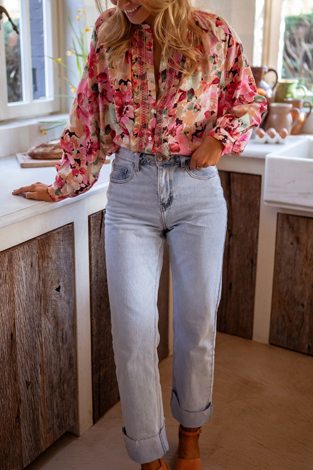 Frill Floral Long Sleeve Button Down Shirt Fitggins