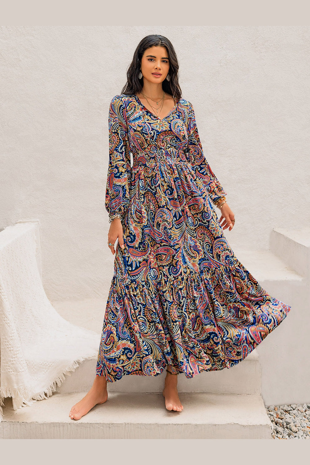 Printed Tie Neck Long Sleeve Midi Dress - Casual & Maxi Dresses - FITGGINS