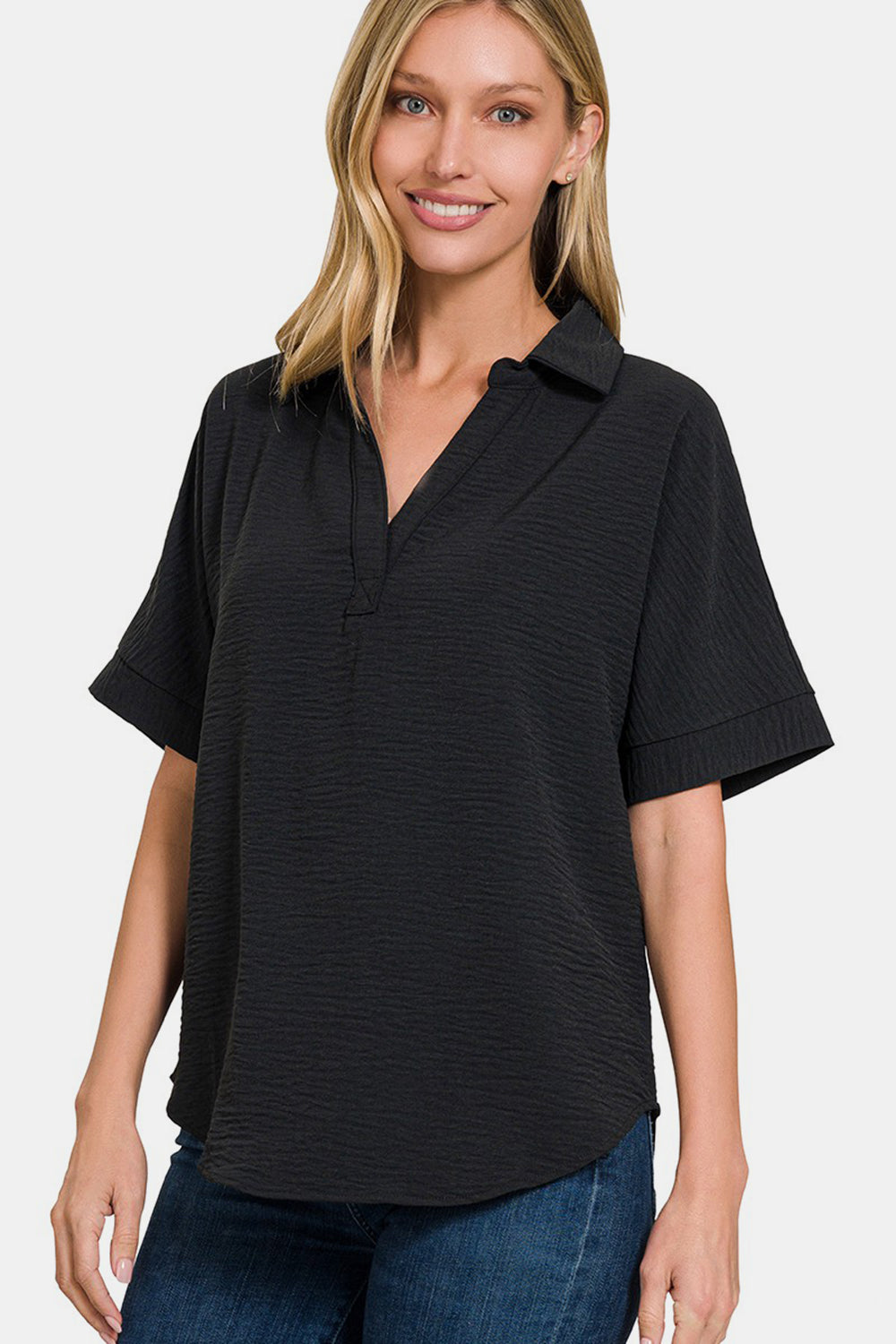 Zenana Full Size Texture Collared Neck Short Sleeve Top - Shirts - FITGGINS