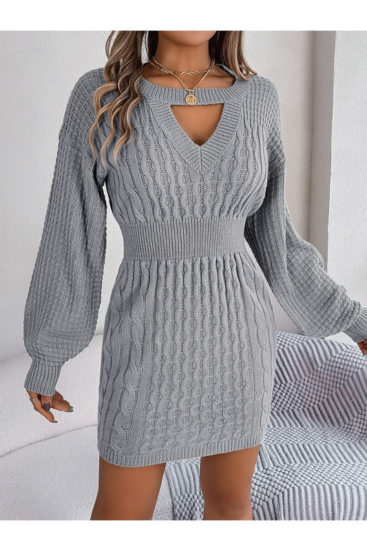 Cable-Knit Cutout Round Neck Slit Sweater Dress - Sweater Dresses - FITGGINS