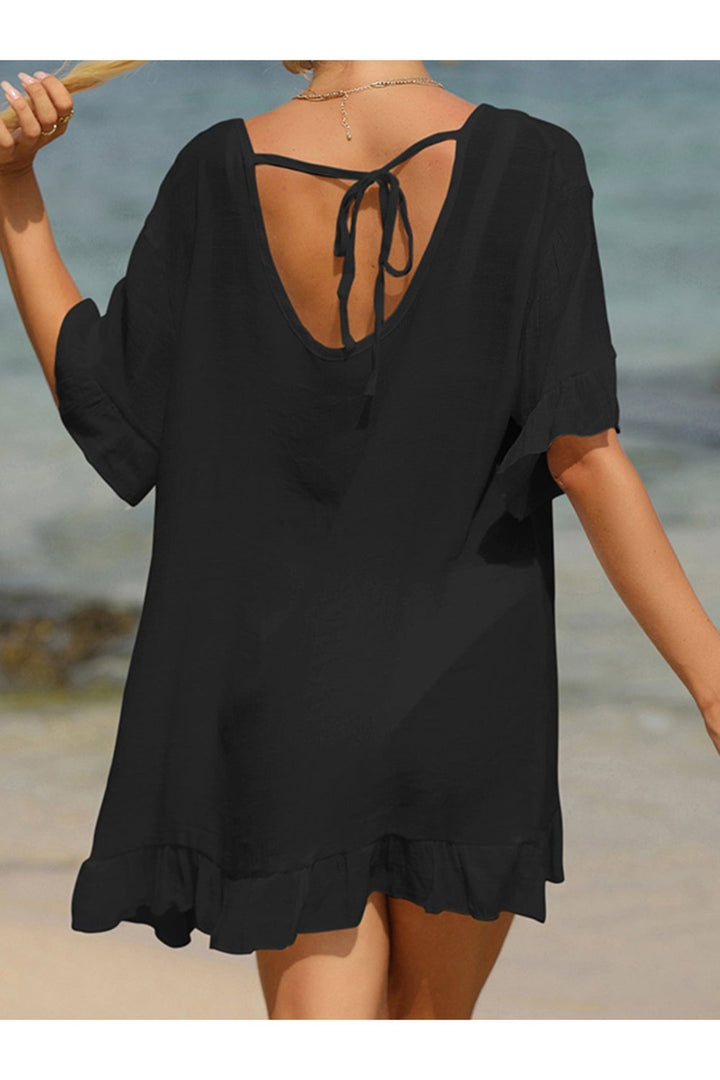 Tied Ruffled Half Sleeve Cover-Up - Cover-Ups - FITGGINS