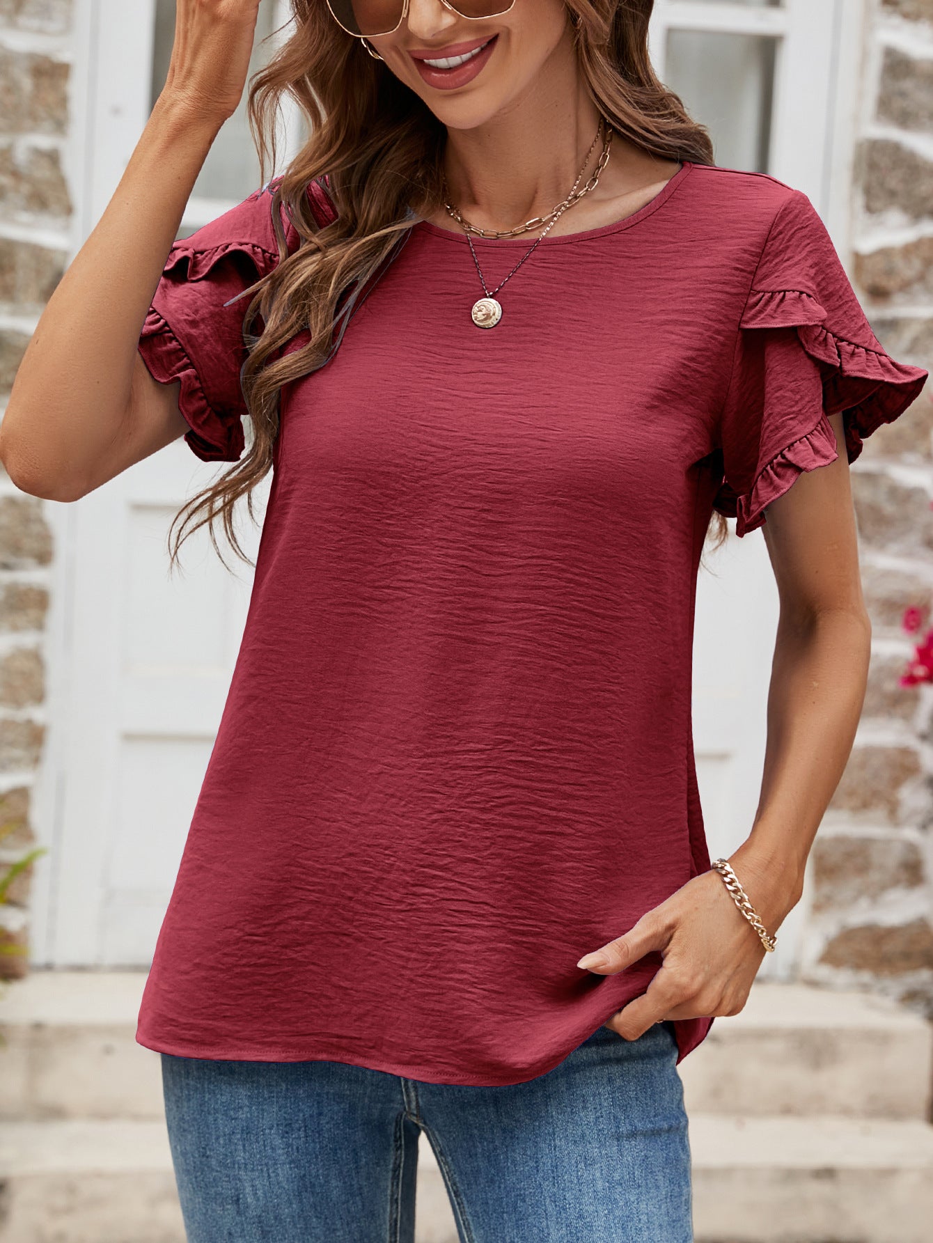 Textured Petal Sleeve Round Neck Tee Burgundy Fitggins
