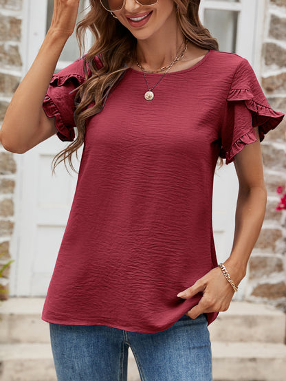 Textured Petal Sleeve Round Neck Tee Burgundy Fitggins