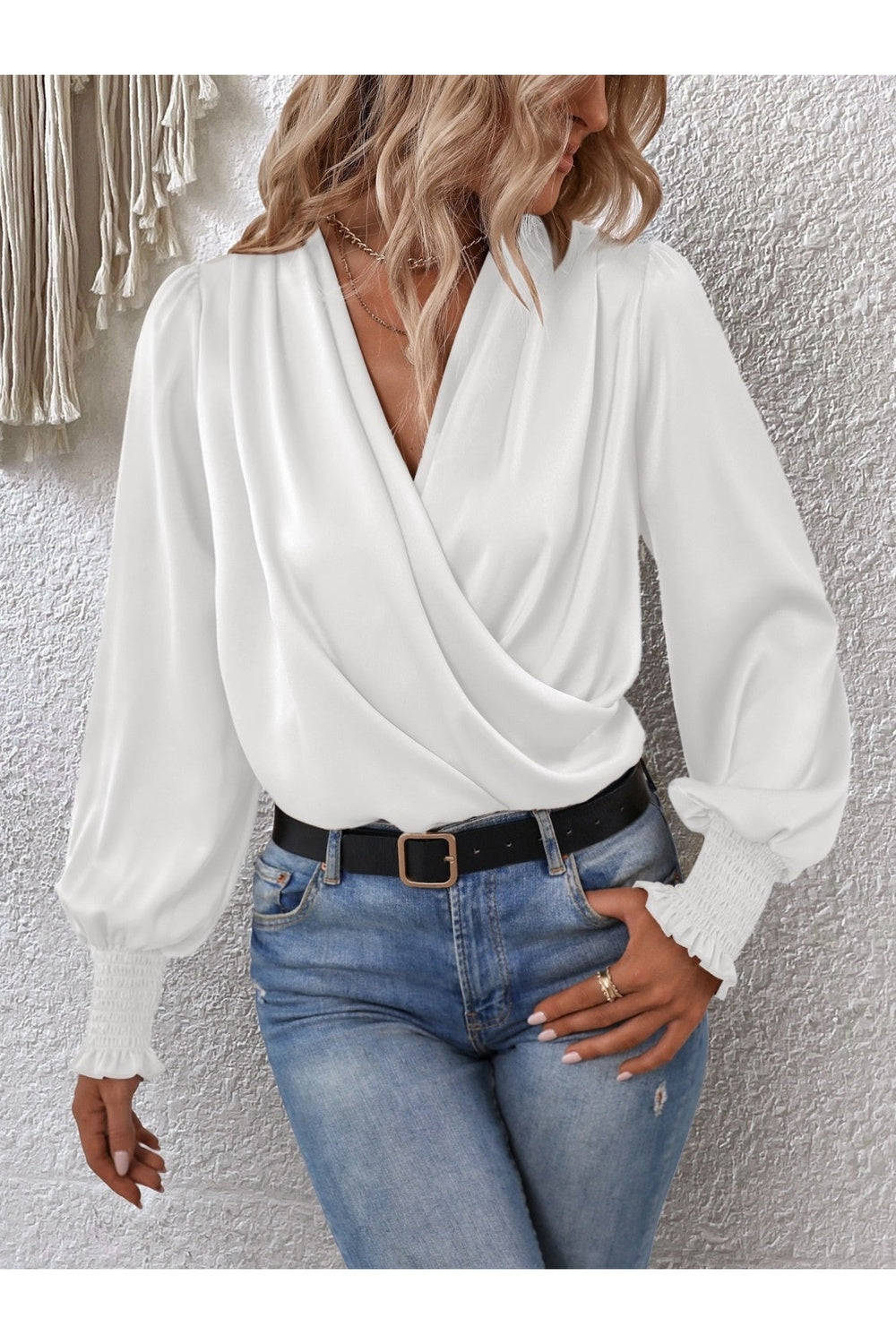 Surplice Smocked Lantern Sleeve Blouse - Blouses - FITGGINS