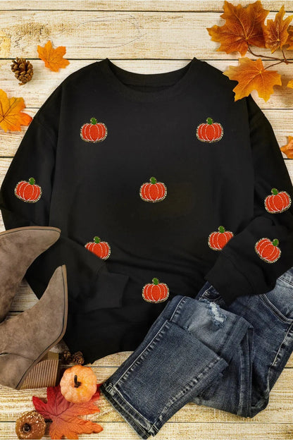 Pumpkin Round Neck Long Sleeve Sweatshirt - Sweatshirts & Hoodies - FITGGINS