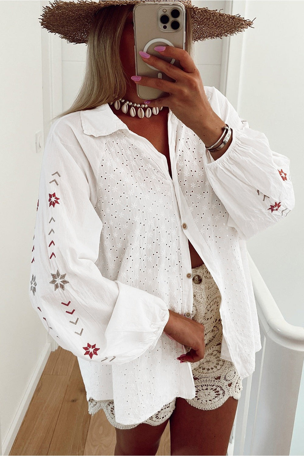 Embroidered Eyelet Collared Long Sleeve Shirt Fitggins