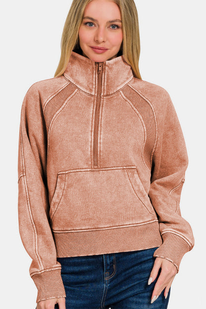 Zenana Acid Washed Half Zip Fleece Sweatshirt - Sweatshirts & Hoodies - FITGGINS