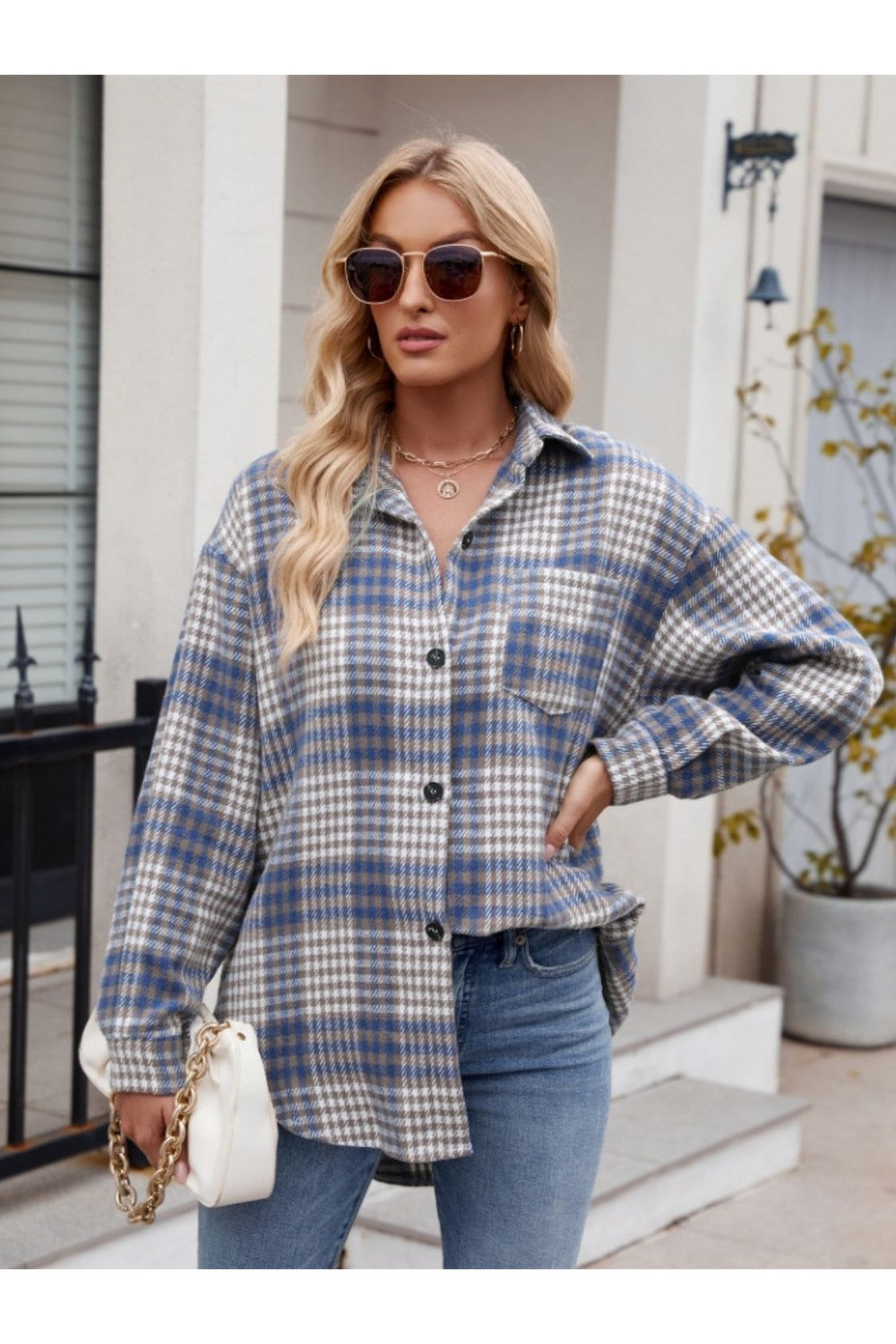 Mandy Pocketed Plaid Collared Neck Long Sleeve Shirt - Shirts - FITGGINS