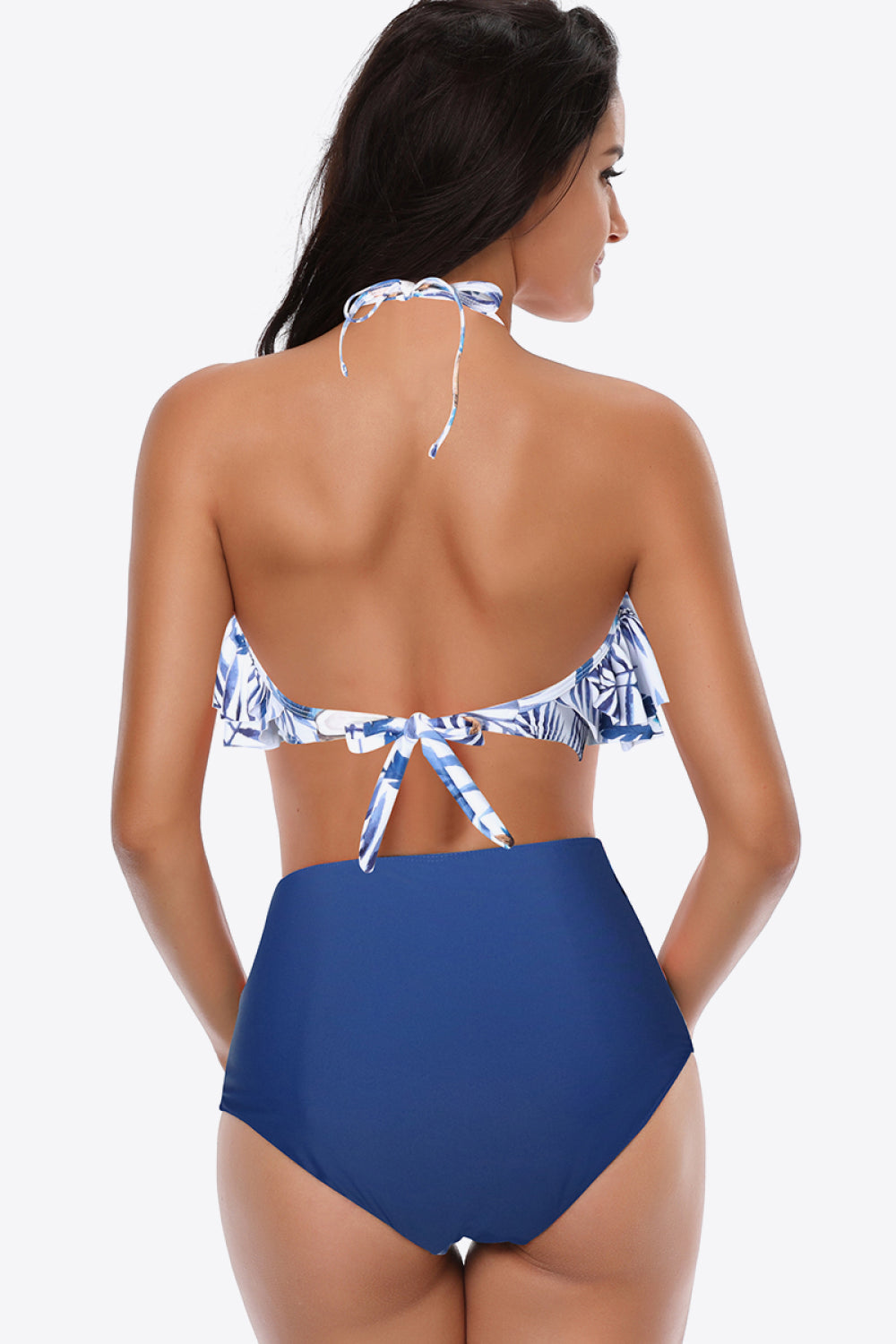 Two-Tone Ruffled Halter Neck Two-Piece Swimsuit - Bikinis & Tankinis - FITGGINS