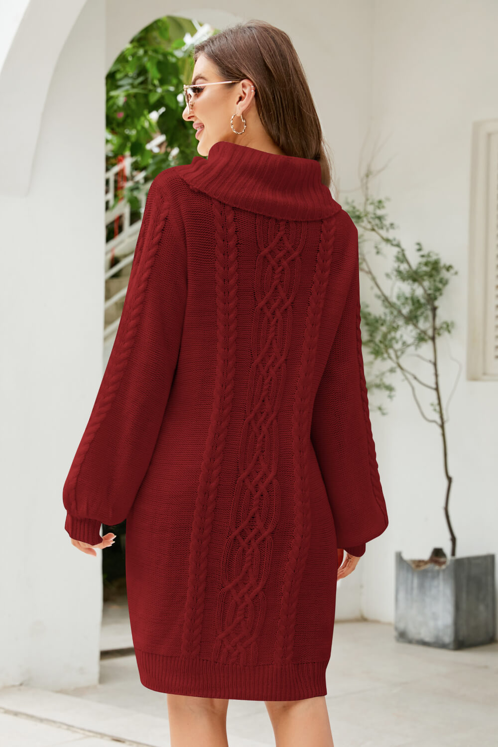 Woven Right Mixed Knit Turtleneck Lantern Sleeve Sweater Dress - Sweater Dresses - FITGGINS