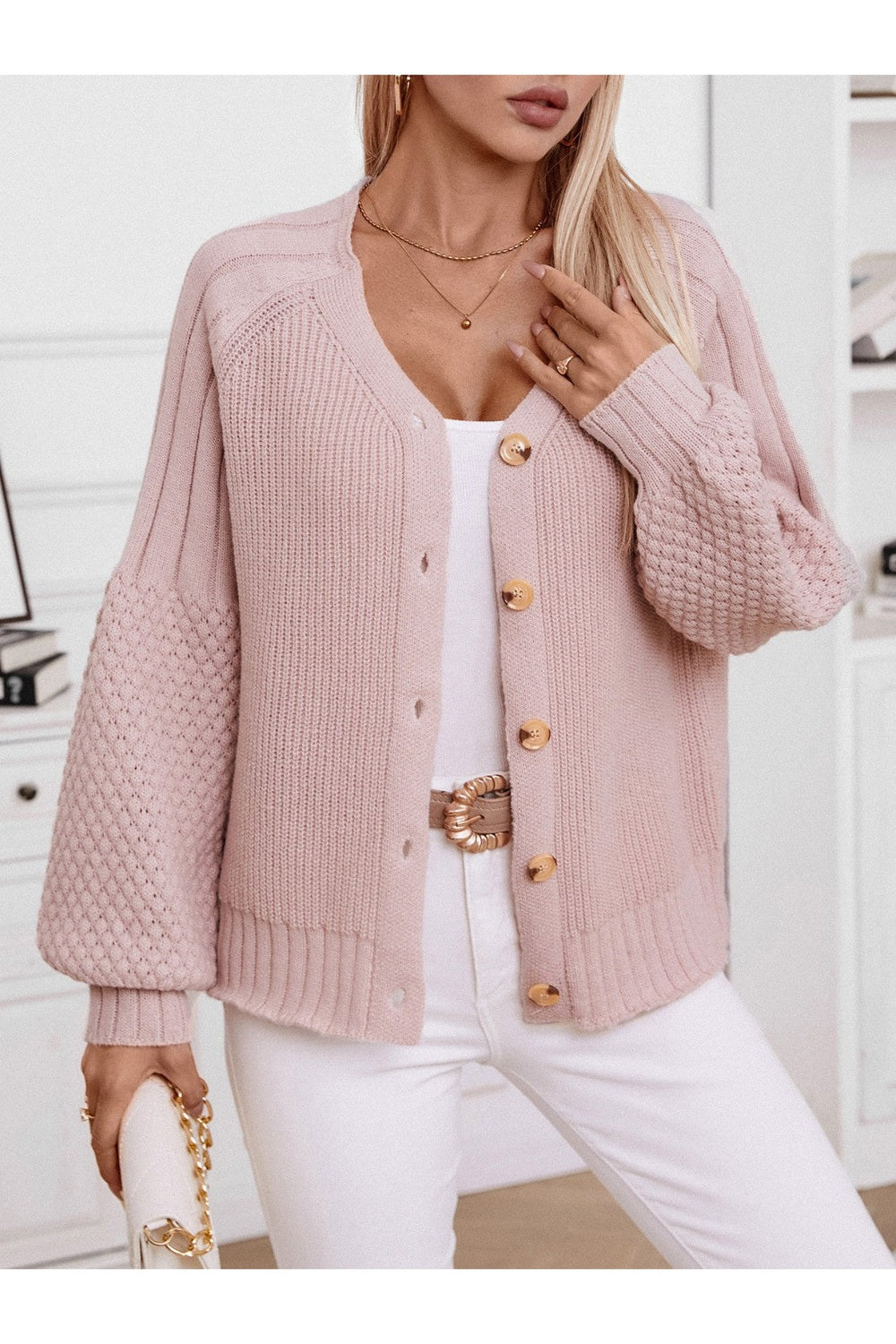 V-Neck Button Up Raglan Sleeve Cardigan - Cardigans - FITGGINS