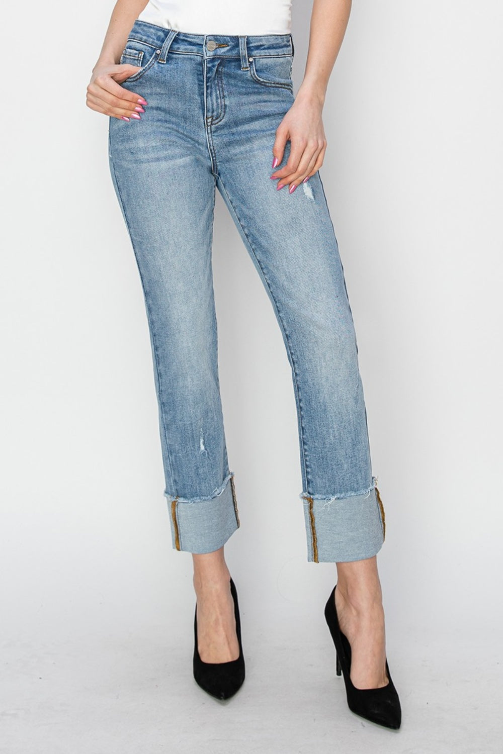 RISEN Full Size High Rise Cuffed Slim Straight Jeans - Jeans - FITGGINS