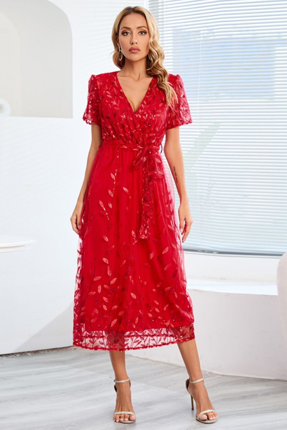 Sequin Leaf Embroidery Tie Front Short Sleeve Dress - Cocktail Dresses - FITGGINS