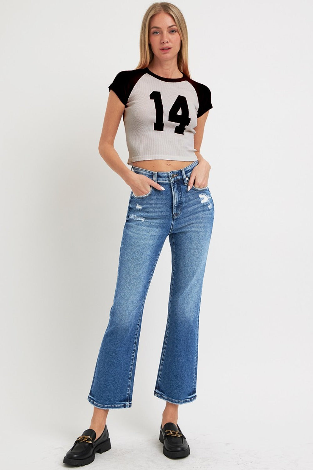 RISEN Full Size Tummy Control High Rise Crop Bootcut Jeans - Jeans - FITGGINS