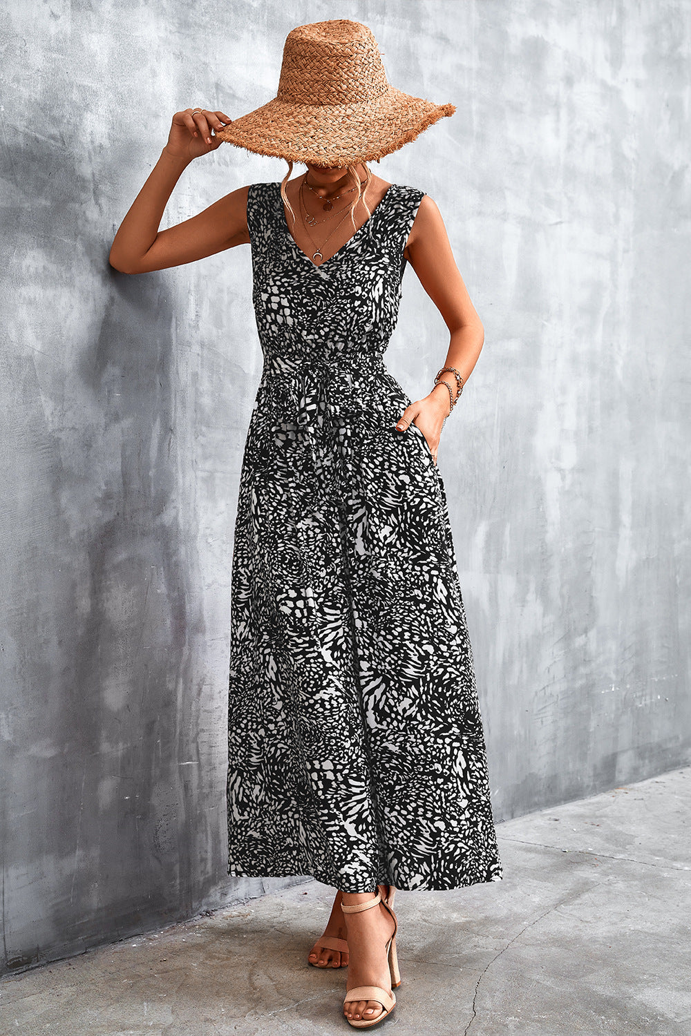 Printed V-Neck Tie Waist Maxi Dress - Casual & Maxi Dresses - FITGGINS