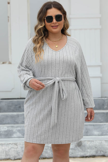 Plus Size Ribbed Tie Front Long Sleeve Sweater Dress - Sweater Dresses - FITGGINS