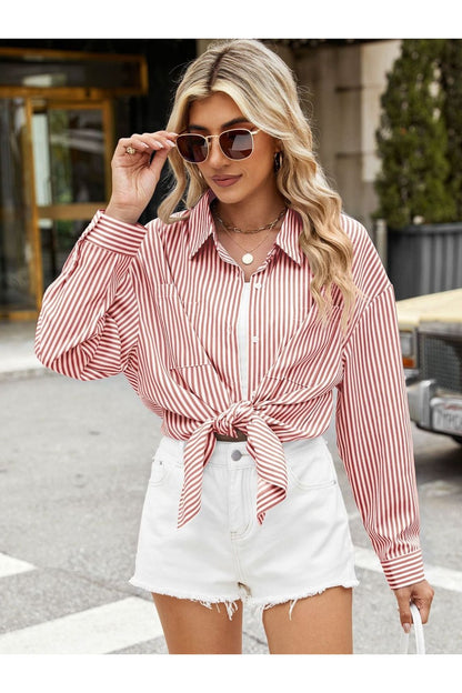 Pocketed Striped Collared Neck Long Sleeve Shirt - Shirts - FITGGINS