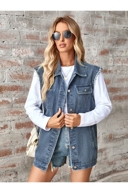 Raw Hem Sleeveless Button Up Denim Jacket - Denim Jackets - FITGGINS