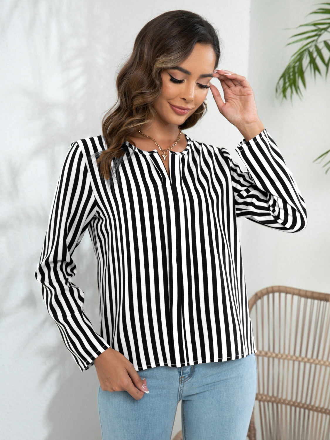 Striped Long Sleeve Notched Blouse White Fitggins