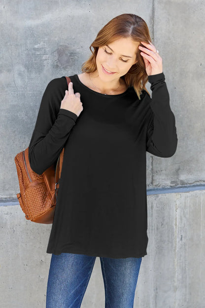 Basic Bae Full Size Round Neck Dropped Shoulder T-Shirt Black Fitggins