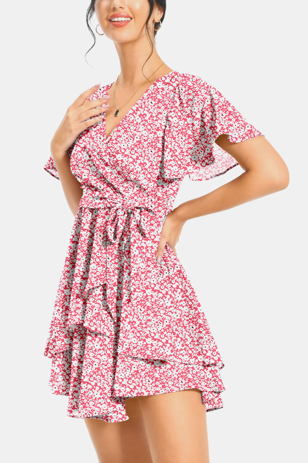 Surplice Neck Flutter Sleeve Dress - Casual & Maxi Dresses - FITGGINS