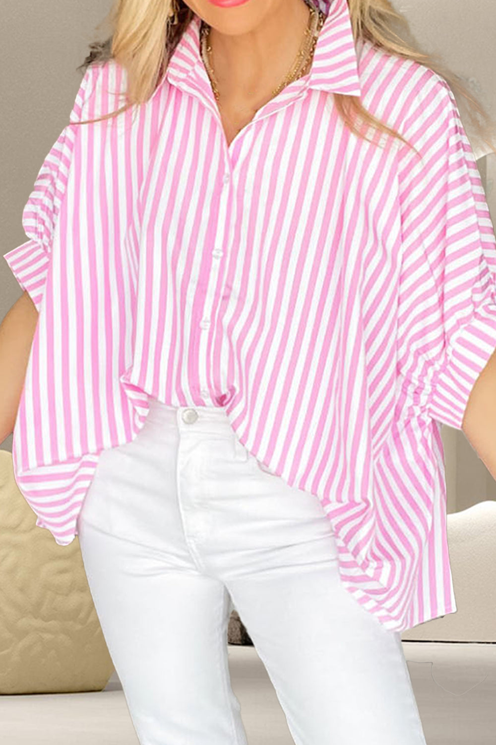 Striped Collared Neck Half Sleeve Shirt - Shirts - FITGGINS