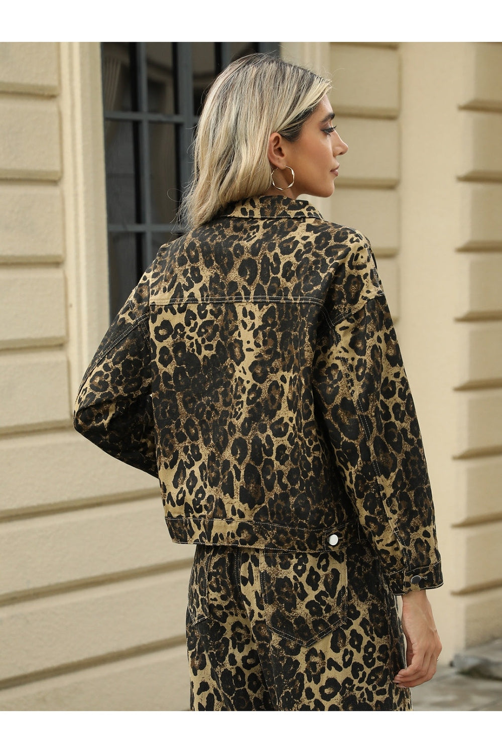 Pocketed Leopard Long Sleeve Denim Jacket - Denim Jackets - FITGGINS