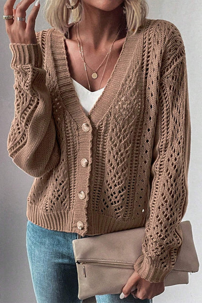 Openwork Button Up Long Sleeve Cardigan - Cardigans - FITGGINS