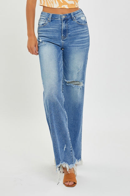 RISEN Full Size High Rise Frayed Hem Wide Leg Jeans - Jeans - FITGGINS