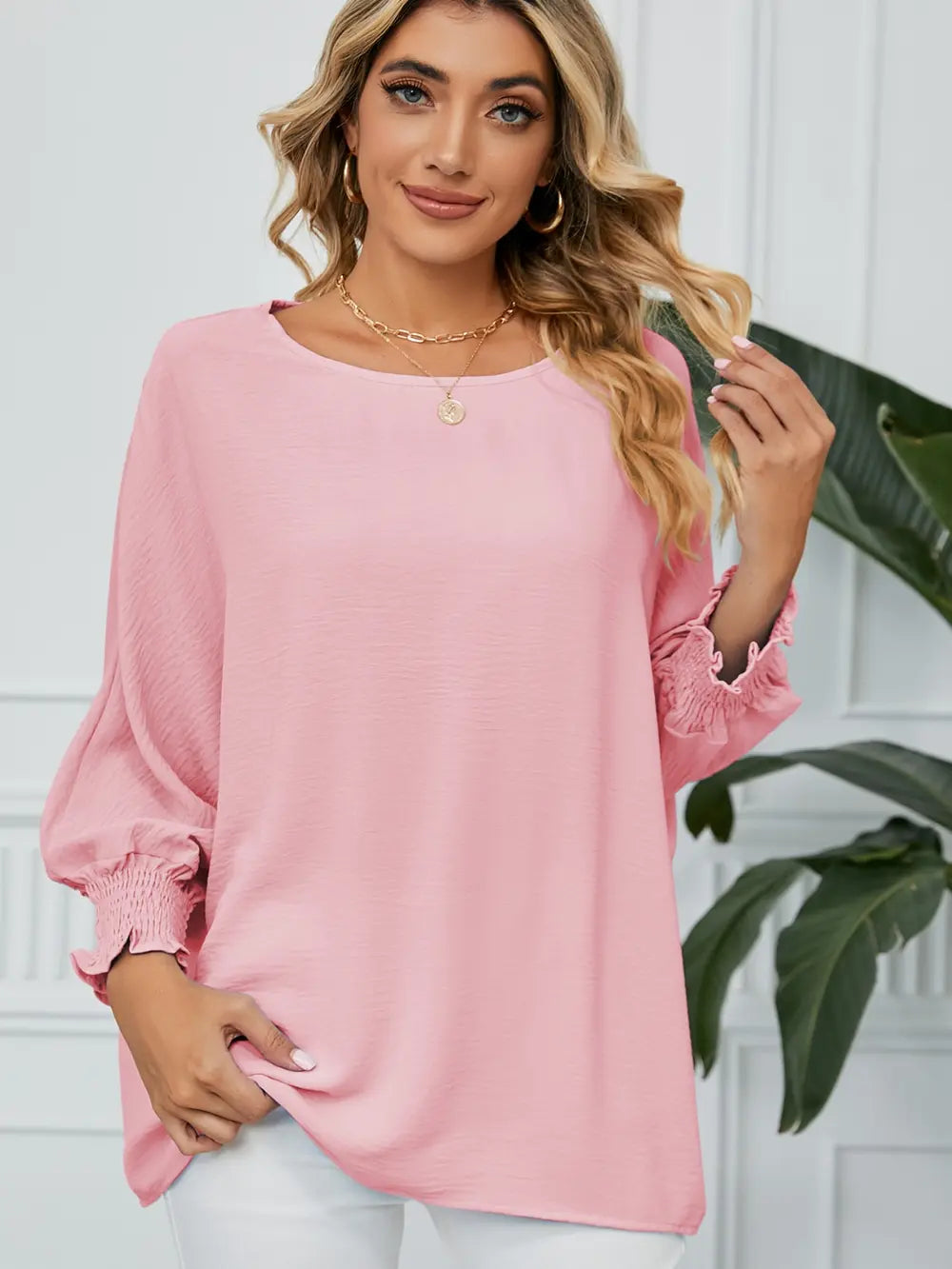 Smocked Lantern Sleeve Round Neck Blouse Blush Pink Fitggins