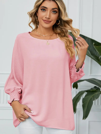 Smocked Lantern Sleeve Round Neck Blouse Blush Pink Fitggins