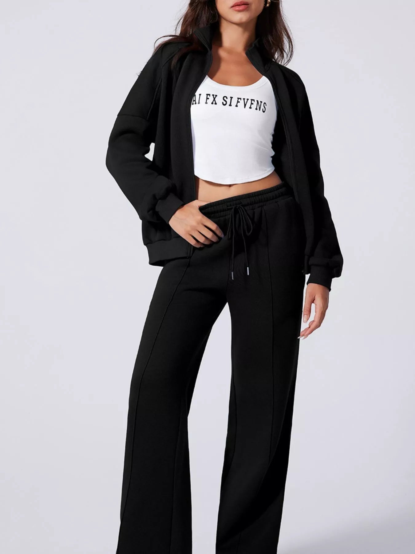 Drop Shoulder Zip Up Jacket and Drawstring Pants Active 2pcs Set Black Fitggins