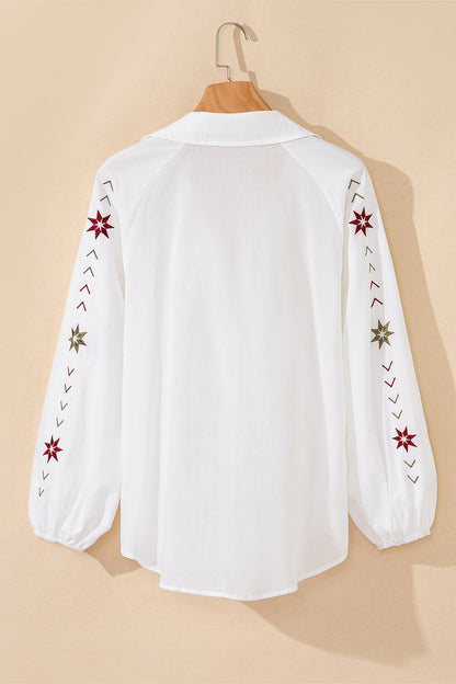 Embroidered Eyelet Collared Long Sleeve Shirt Fitggins