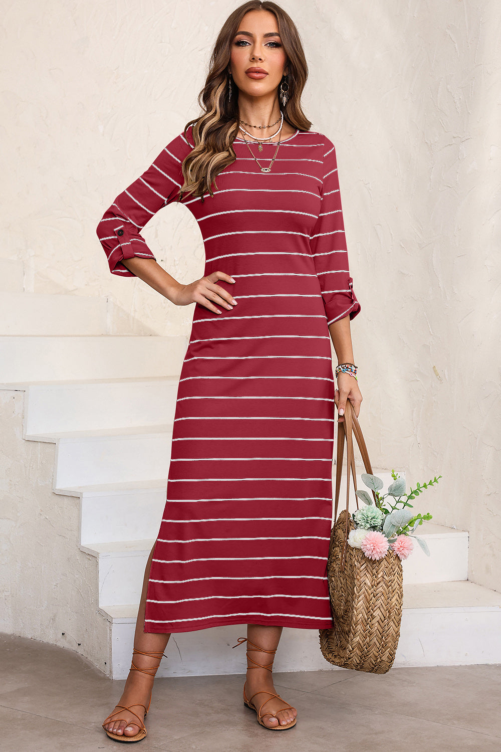 Slit Striped Round Neck Midi Dress - Casual & Maxi Dresses - FITGGINS