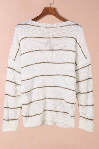 Striped V-Neck Drop Shoulder Sweater with Pocket - Pullover Sweaters - FITGGINS