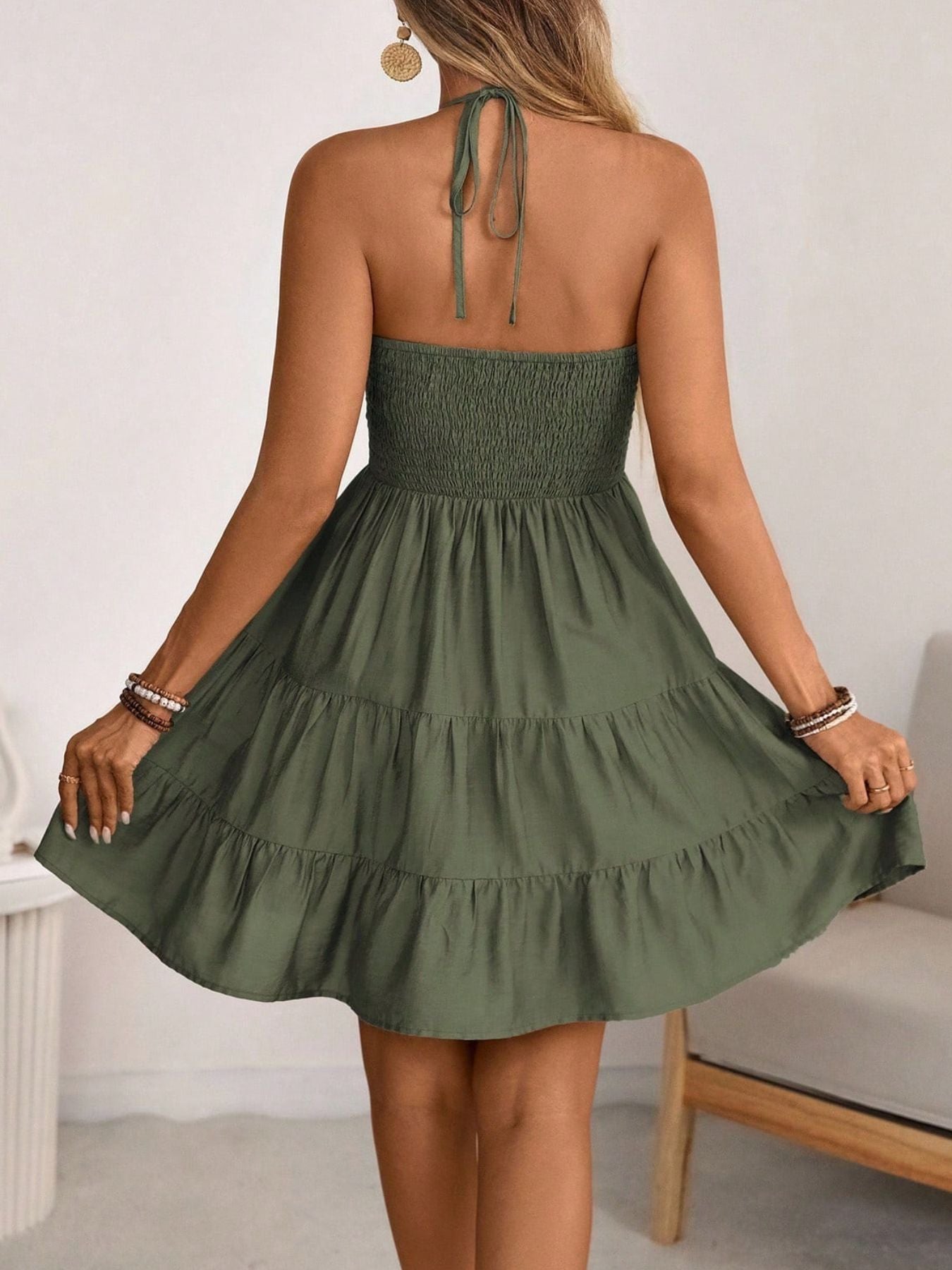 Smocked Halter Neck Tiered Dress Fitggins