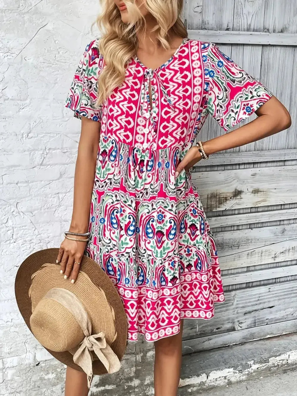Printed Tie Neck Short Sleeve Dress Fitggins