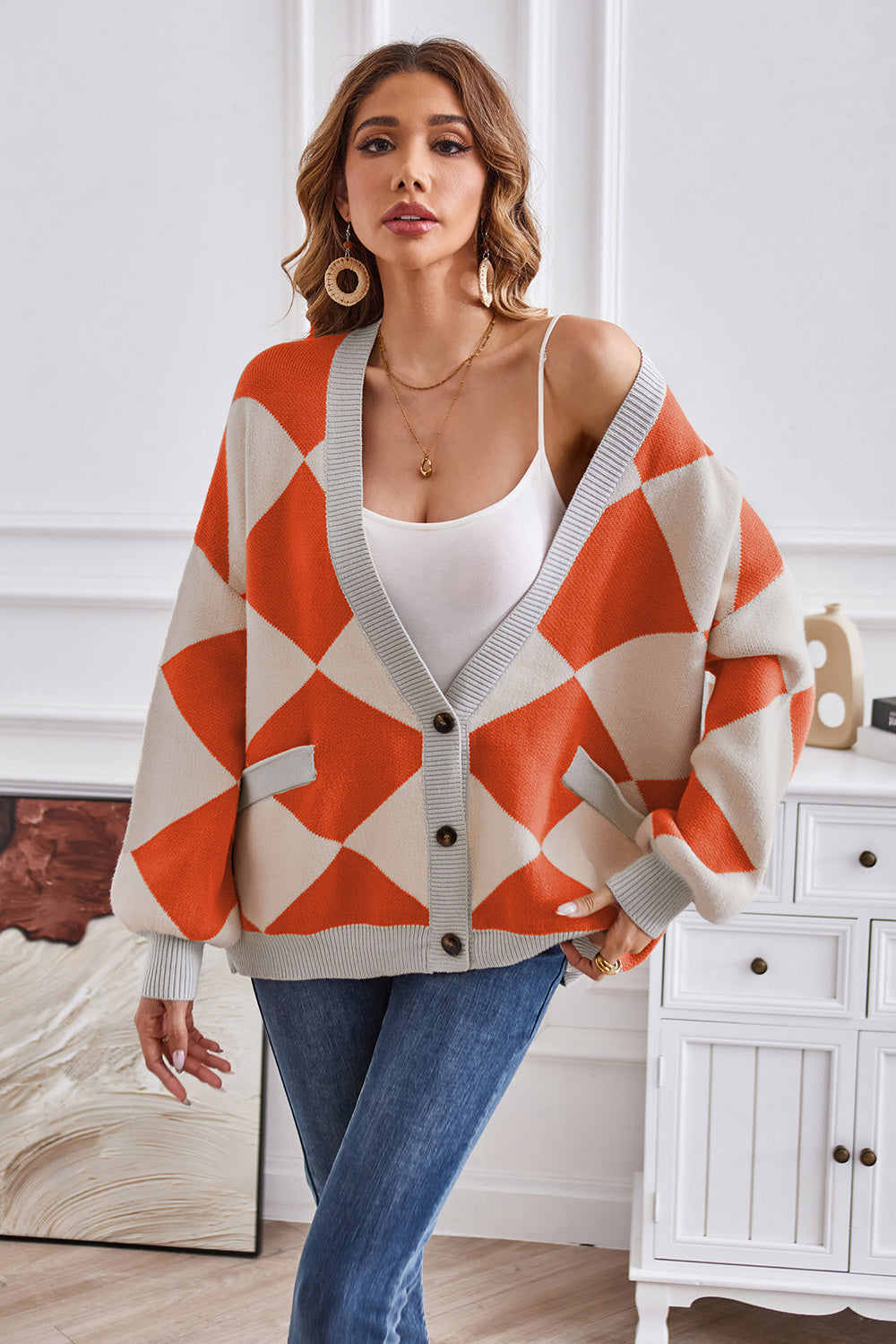 Geometric Lantern Sleeve Cardigan with Pockets Fitggins