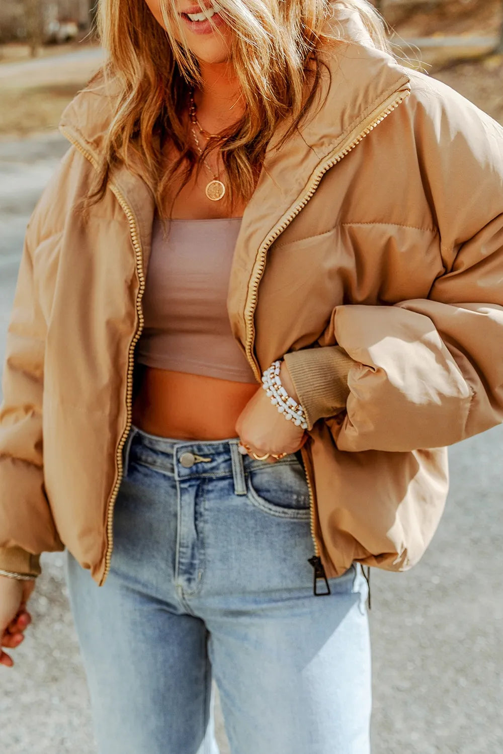 Zip Up Collared Neck Coat with Pockets Fitggins