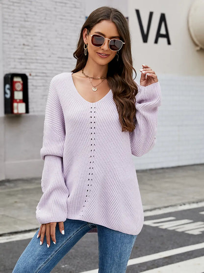 Openwork Dropped Shoulder Long Sleeve Sweater Carnation Pink Fitggins