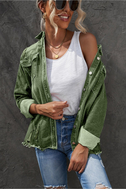 Distressed Button Up Raw Hem Denim Jacket - Denim Jackets - FITGGINS