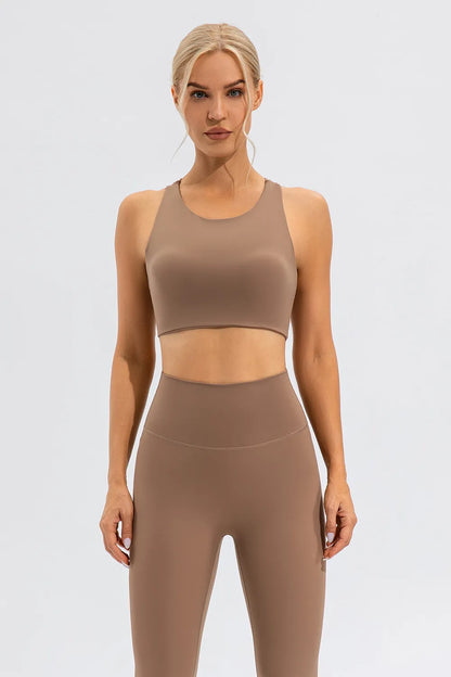 Round Neck Cutout Cropped Active Tank Camel Fitggins