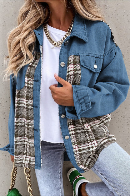 Plaid Pocketed Button Up Denim Jacket - Denim Jackets - FITGGINS