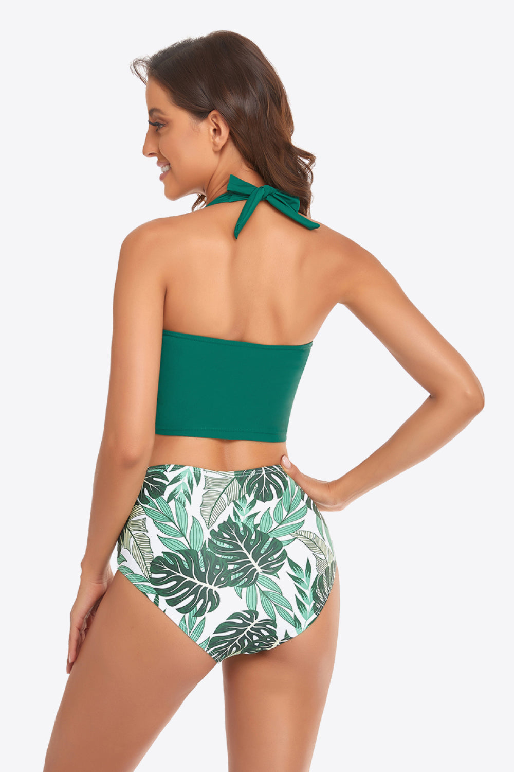 Botanical Print Halter Neck Drawstring Detail Bikini Set - Bikinis & Tankinis - FITGGINS