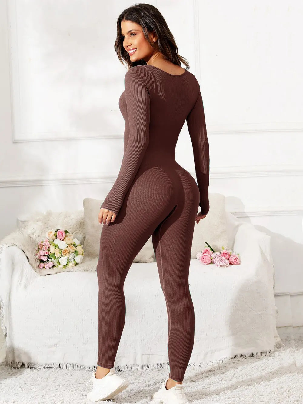 Scoop Neck Long Sleeve Active Jumpsuit Fitggins