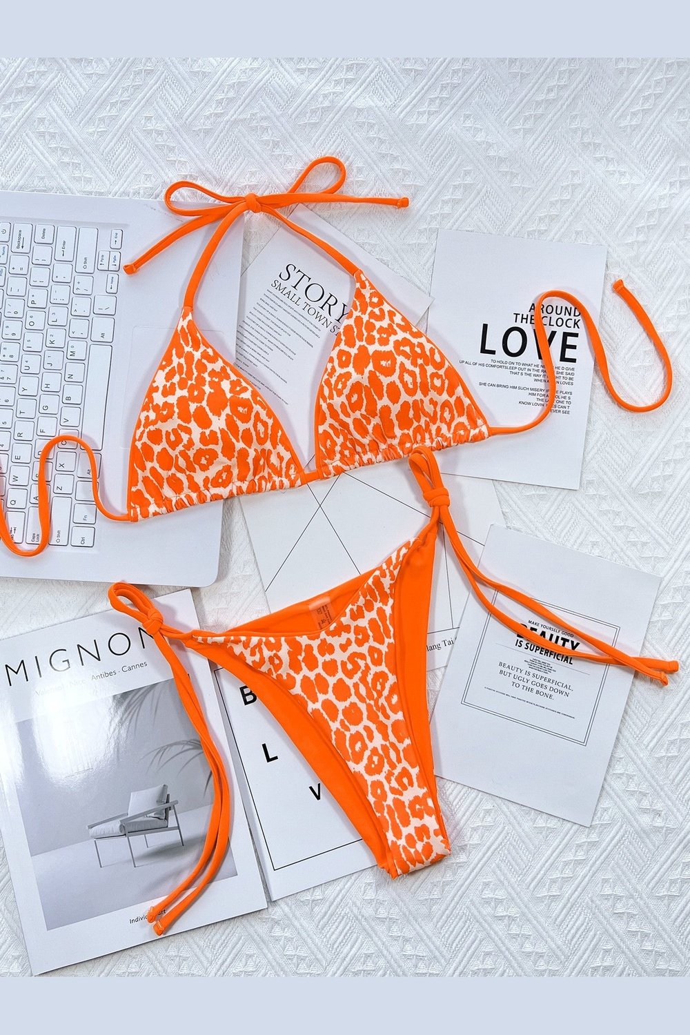 Leopard Print Halter Neck Tie Side Bikini Set - Bikinis & Tankinis - FITGGINS