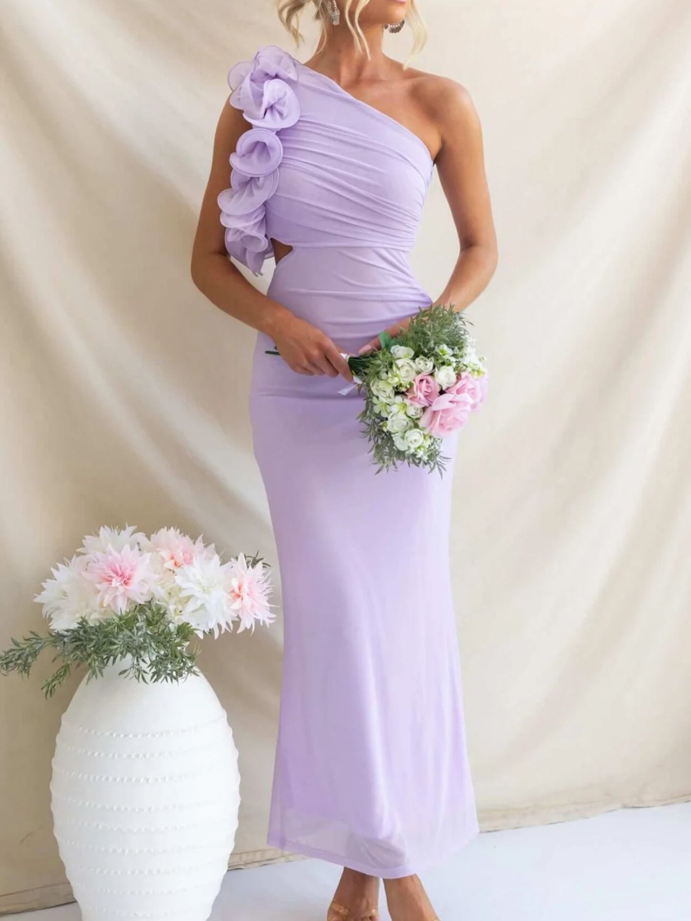 One-Shoulder Floral Trim Sleeveless Maxi Dress Purple Fitggins