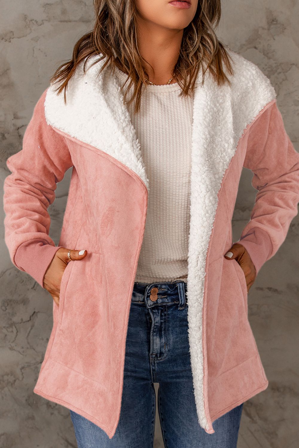 Open Front Long Sleeve Sherpa Jacket - Jackets - FITGGINS