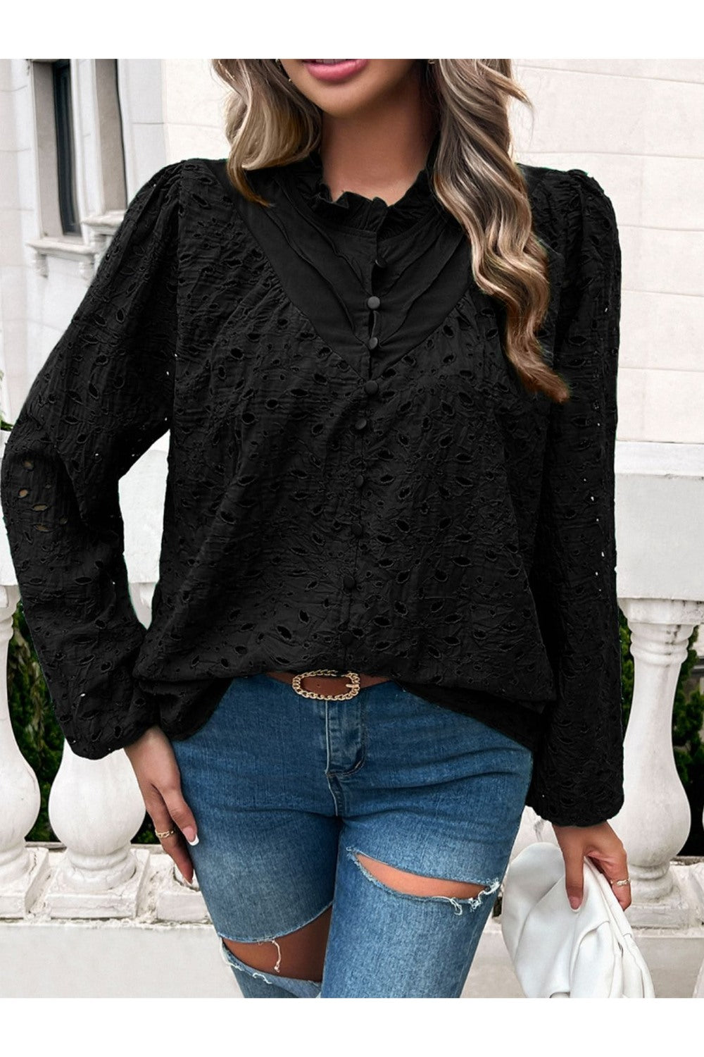 Devine Frill Long Sleeve Round Neck Shirt Fitggins