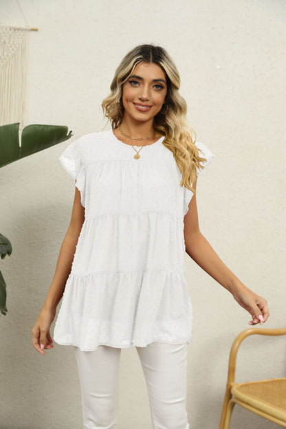 Swiss Dot Round Neck Tiered Blouse White Fitggins